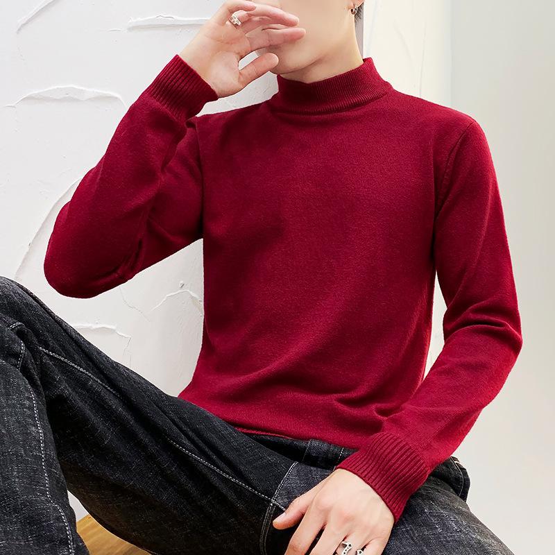

Men s Slim Fit Wool Sweater - Autumn & Winter Half-High Collar Knit Base Layer, Solid Color Trendy Design Extra Large вина червоного кольору