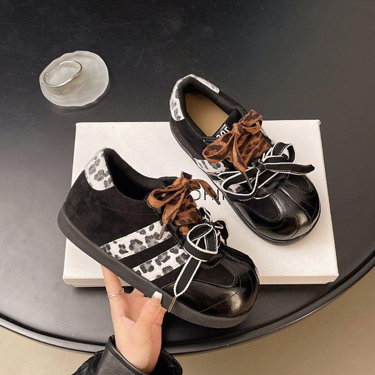Double Lace-up Women's Shoes Early Autumn Style 2025 Autumn Popular Fashion Inner Height Increase Versatile Leopard Print Casual Moral Training Shoes