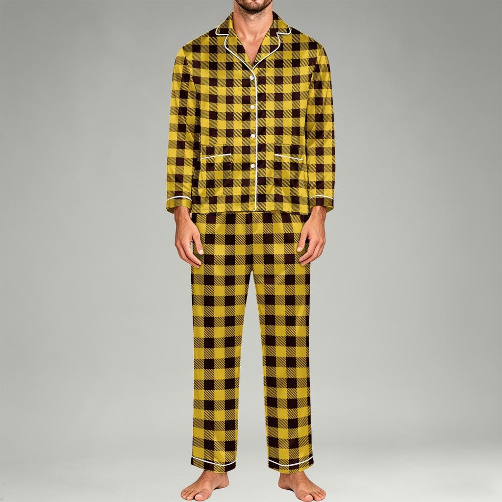 Men's Pajama Set Long Sleeve Button-Down Top and Pants Set for Home Sleepwear
