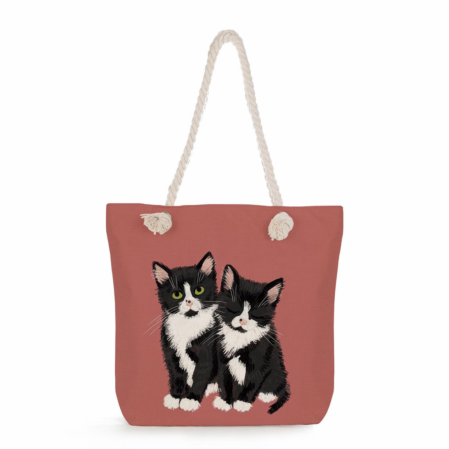 Cartoon cat print thick rope single-shoulder beach bag 7233