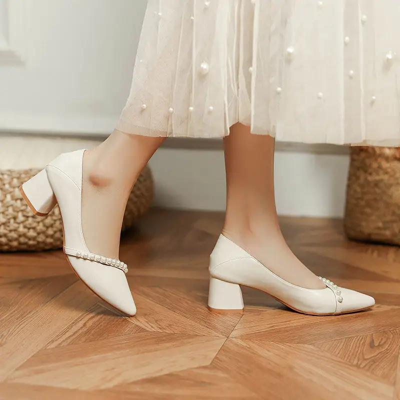 Wedding Bride Shoe Shoes for Women Pointed Toe Pearl Square Heels with Medium Woman Footwear Shallow Beige Lastest Slip On A L E
