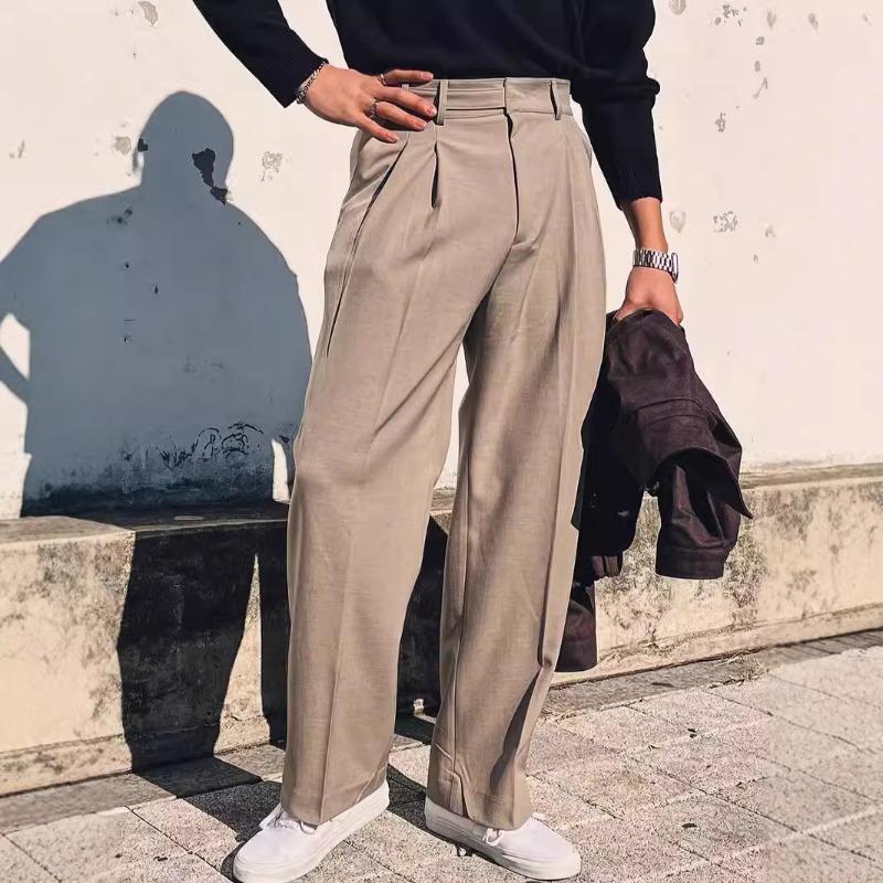 Men High Waist Double Pleated Loose Straight Non Iron Casual Suit Trousers