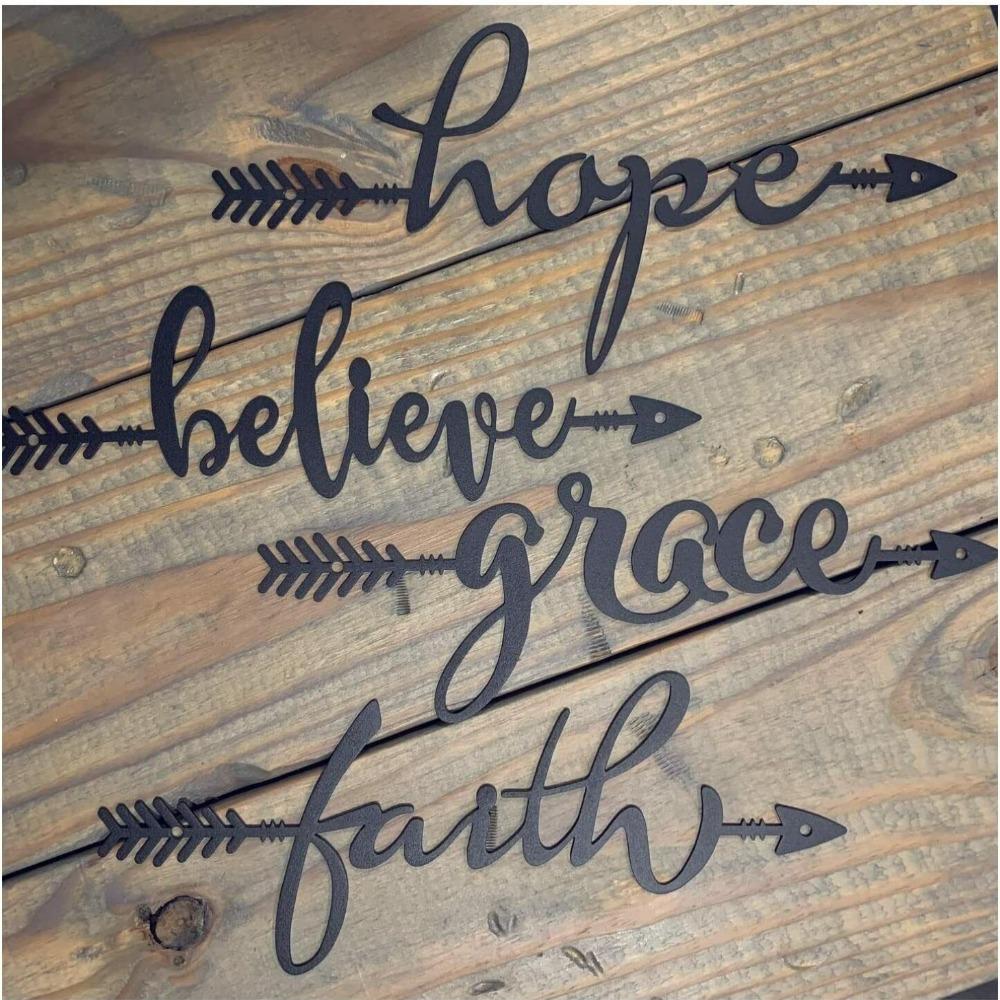 Metal Wall Decor Set of 4 Arrow Signs Faith Believe Grace Hope