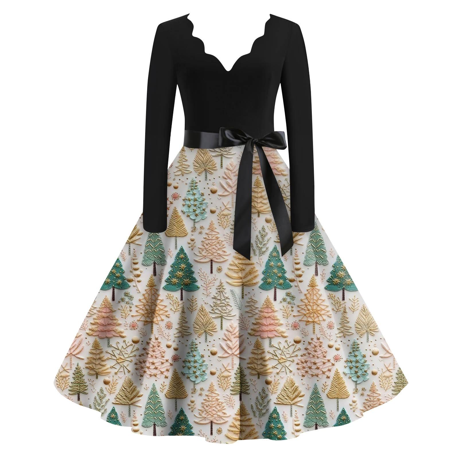 

Жіночі повсякденні модні вінтажні довгі сукні з різдвяними графічними принтами з довгими рукавами XXXXXL