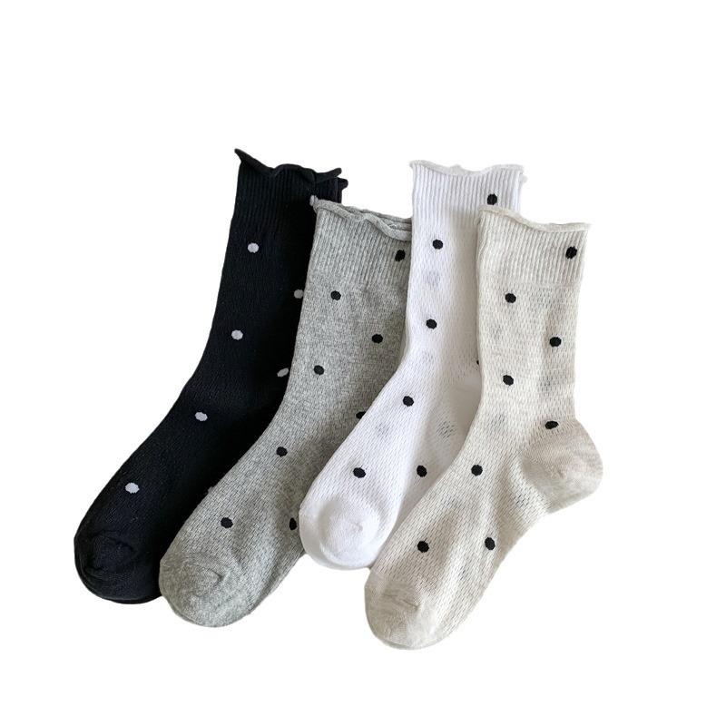 Women's Polka Dot Rolled-up Socks, Women's Mid-calf Socks, Summer Thin Perforated Mesh Breathable Pile Socks for Women