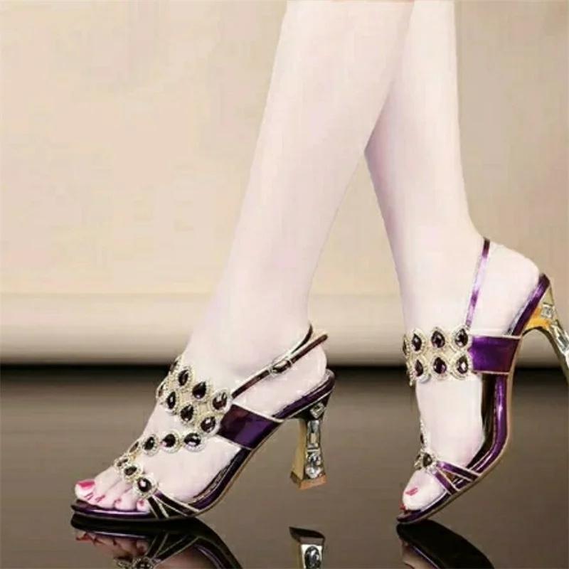 fashion High Heels Temperament Diamond Sandals Summer Woman Party Shoes Fashion Brick Crystal Thick Heel Square Heel Sandals