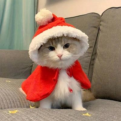 Костюм з 1 частини - Червоно-білий костюм Санта Клауса Середній для котів, штучне хутро та краватка-метелик, м'який нейлоновий святковий костюм для домашнього улюбленця, необхідний для новорічної фотографії