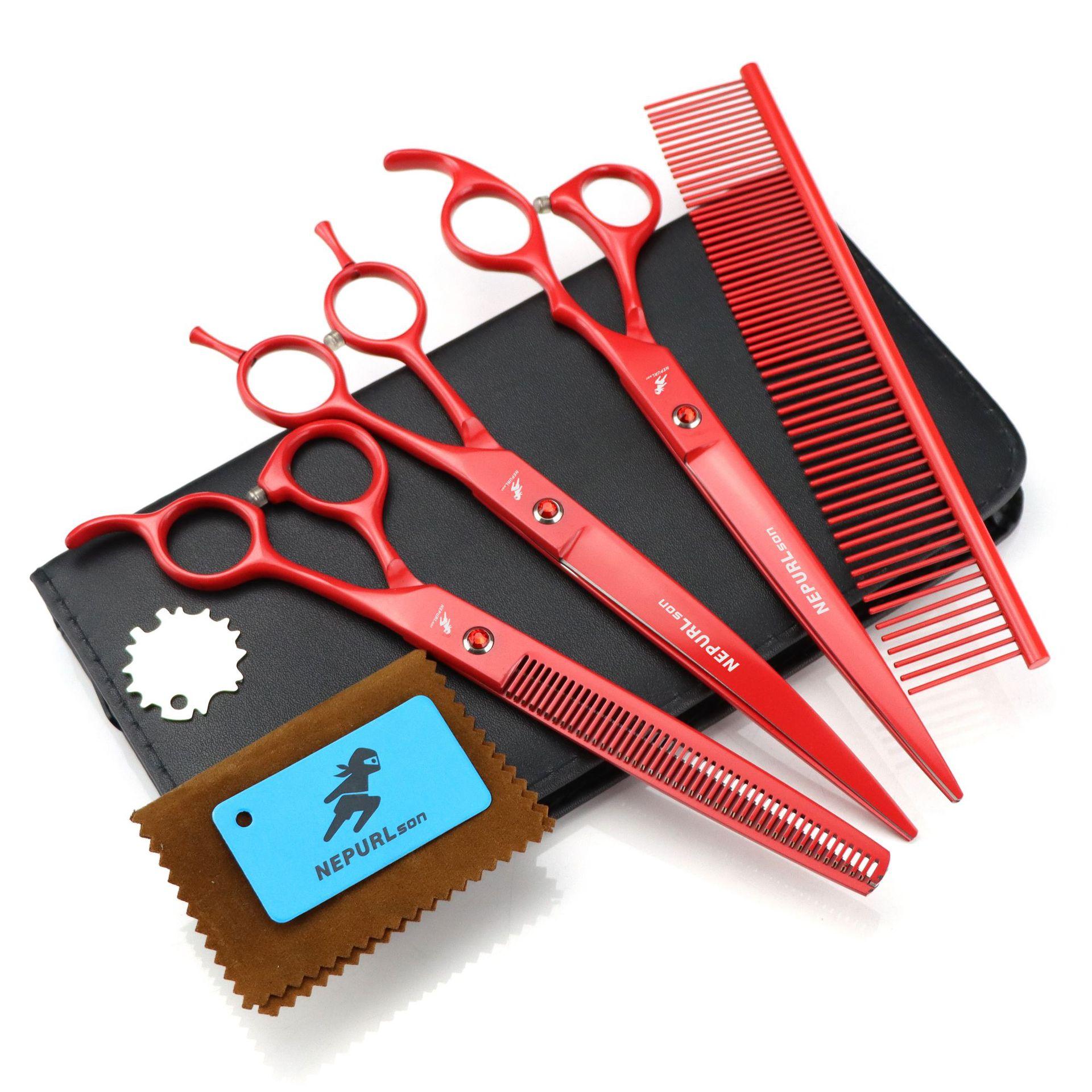 

8.0 inch Nimpson red 3-pack, high-end pet grooming scissors, straight scissors, set, free row comb. 8inch dense teeth set