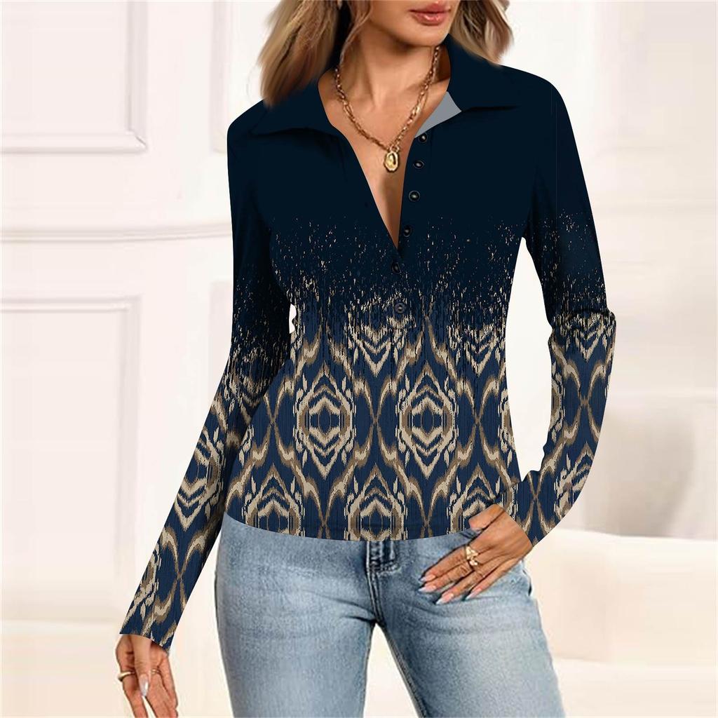 Women's Fashion Casual Printed V-Neck Long Sleeve Button-Down Top
