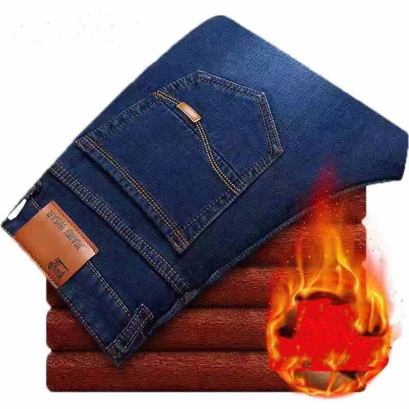 Winter Men's Warm Fleece Jeans Men Business Thicken Denim Trousers Stretch Slim Fit Pants Plus Size 28-40