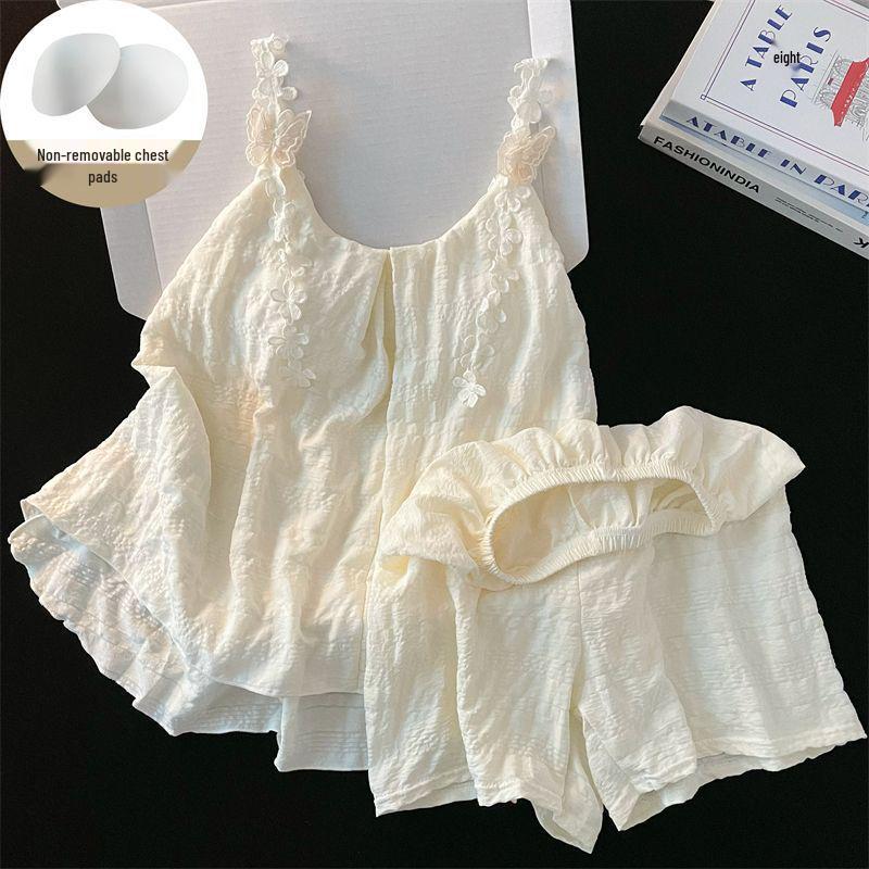 

2025 Літній жіночий комплект з хмарної бавовни: майка та шорти з нагрудною накладкою - Солодкий, милий та зручний домашній одяг для дівчат L