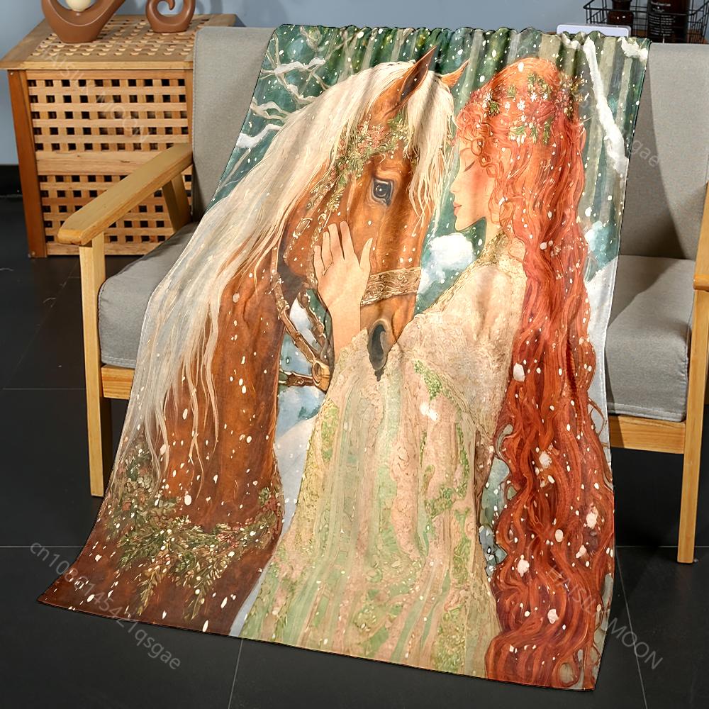 Horse and Woman Nature Scene Print Blanket Flannel Material Soft Warm for All Seasons Home Outdoor Camping Picnics Luxury Gifts