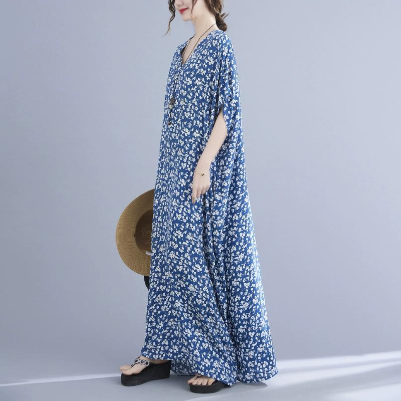 Dimanaf 2024 Plus Size Dress Women Summer V-Neck Sundress Bohemian Floral Print Loose Big Oversize Maxi Dress 5112