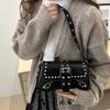 Yogodlns Trendy Motorcycle Punk Style Shoulder Bag for Women Solid Color Fashion Rivet Commuter Small Square Underarm Bag