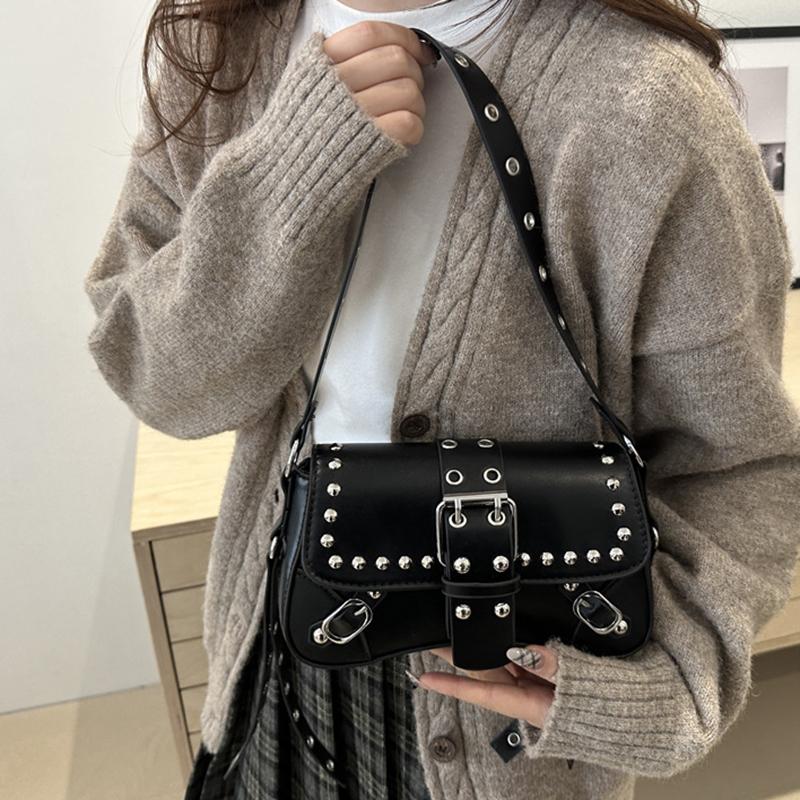 Yogodlns Trendy Motorcycle Punk Style Shoulder Bag for Women Solid Color Fashion Rivet Commuter Small Square Underarm Bag