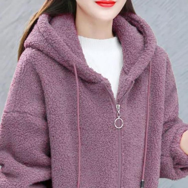 Winter Warm Plush Zipper Cardigan Jacket Women Coat Thick Solid Color Pockets Long Sleeves Loose Outdoor