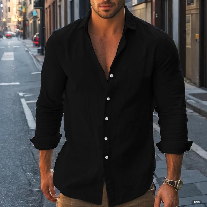 

2026 New Casual Solid Color Long Sleeve Shirt Cotton Lapel Buckle Long Sleeve Beach Shirt Top XXXL чорний