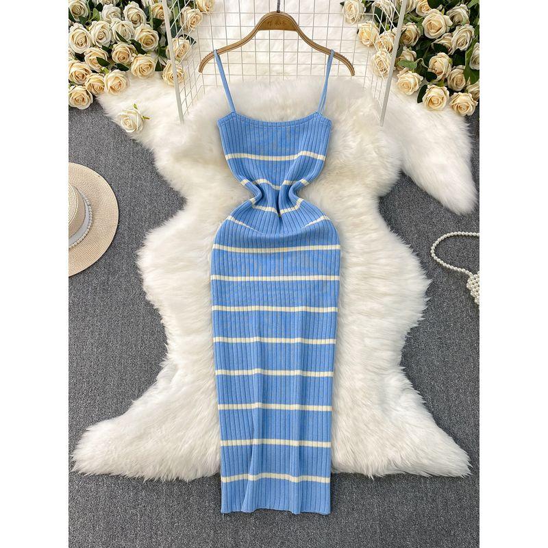 European and American Sexy Backless Sling Dress Women Summer New Elastic Striped Knitted Tight Slimming Sheath Long dress