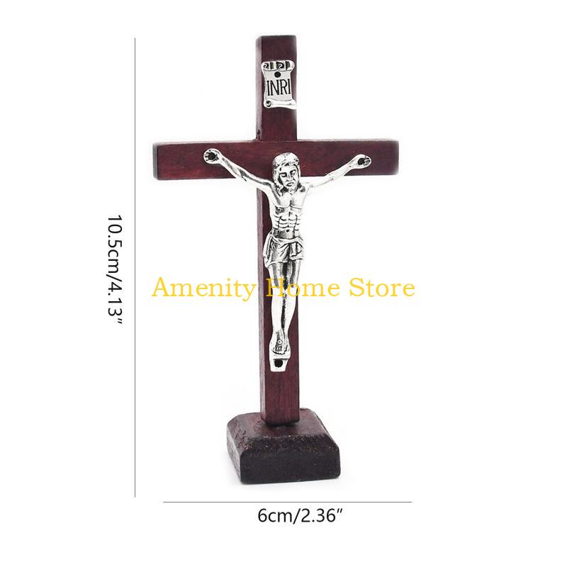 F26C Wooden Catholic Jesus for Cross Crucifix with Stand Religious Prayer Tabletop De