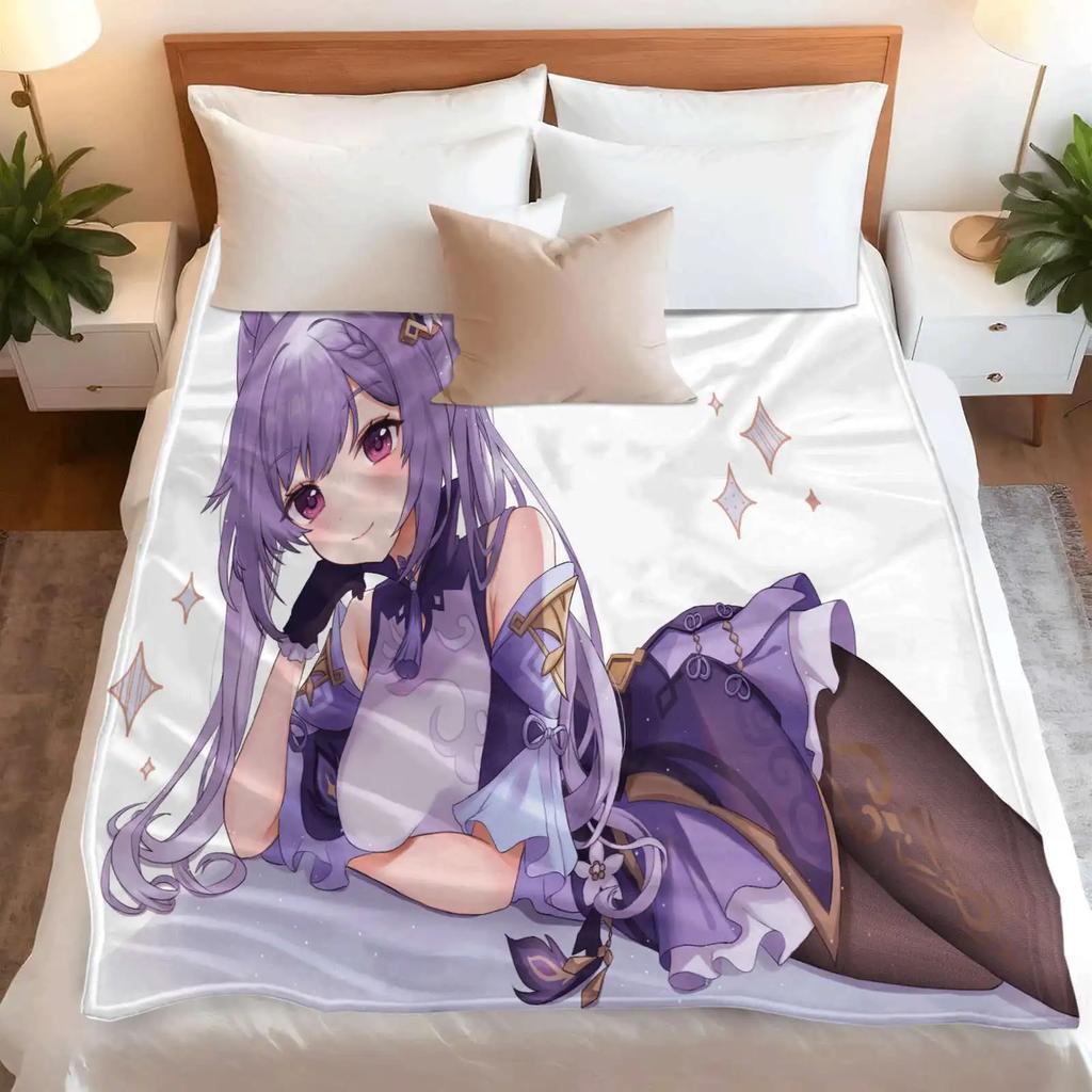 Cartoon Genshin Impact Keqing Flannel Blanket Cover Warmth Soft Anime Blanket Multifunctional Decor Home Universal Blankets