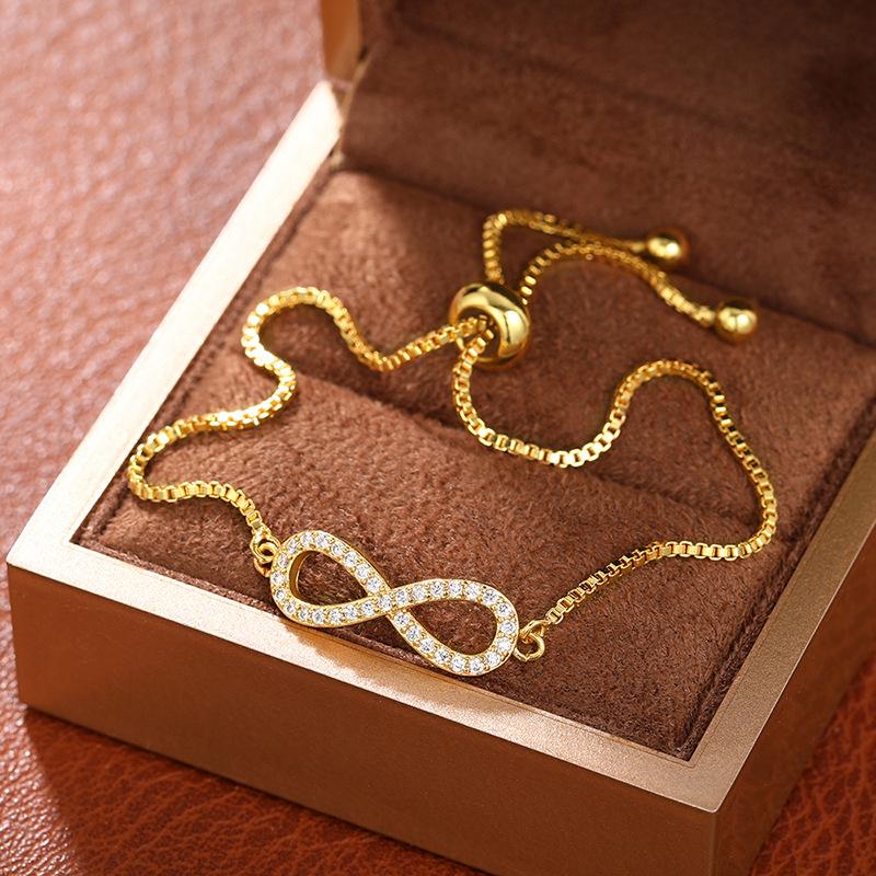 Gold Plated CZ Infinity Symbol Adjustable Bolo Bracelet, Sparkling Love Forever Charm Bracelet for Women