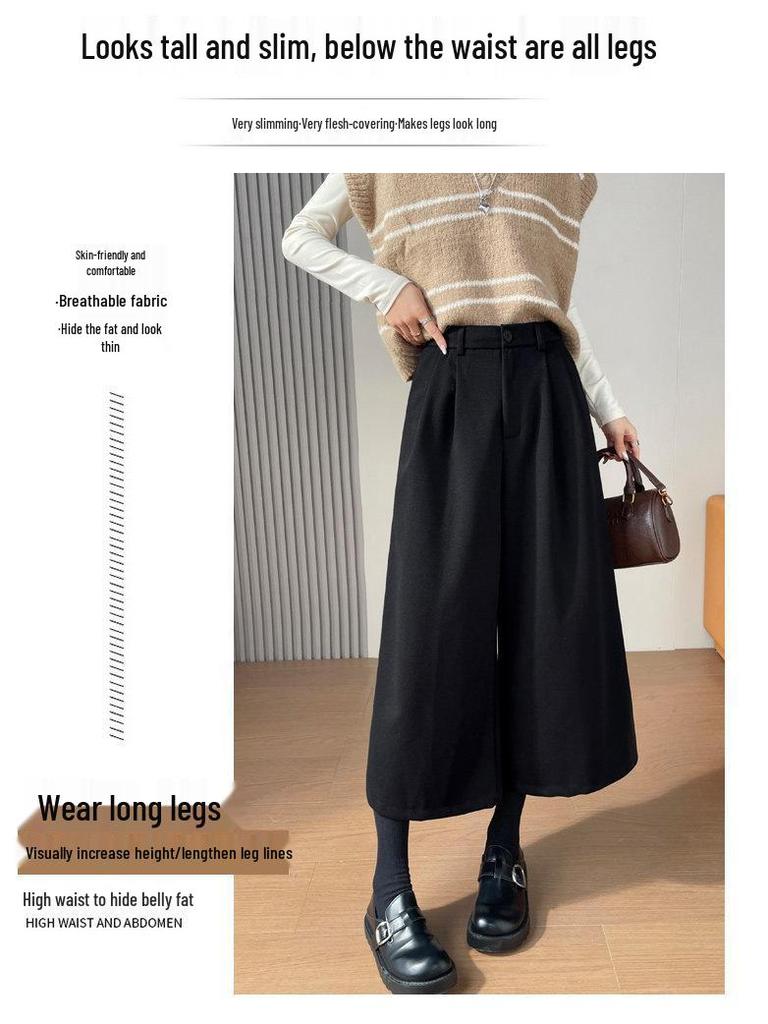 Women's Gray Wool High-Waist Wide-Leg Cropped Pants - Loose Fit, Slimming, Pear Shape, Casual Wear for Spring and Autumn