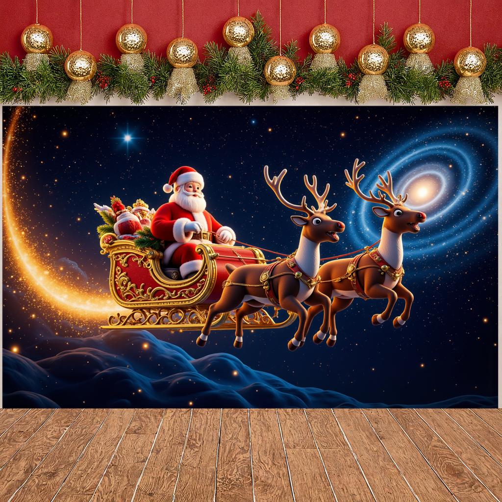 Santa Claus Display Shiny Elements Winter Display Reindeer Backdrop Festive Atmosphere Santa Sleigh Backdrop For Party Backdrop