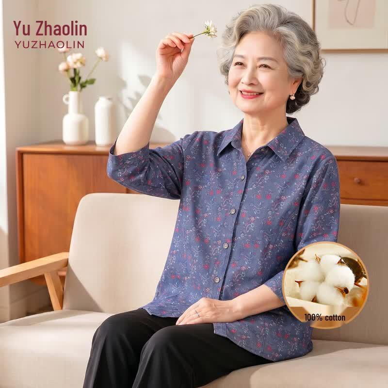 YUZHAOLIN Women s Floral 100% Cotton 3/4 Sleeve Shirt 2XL
