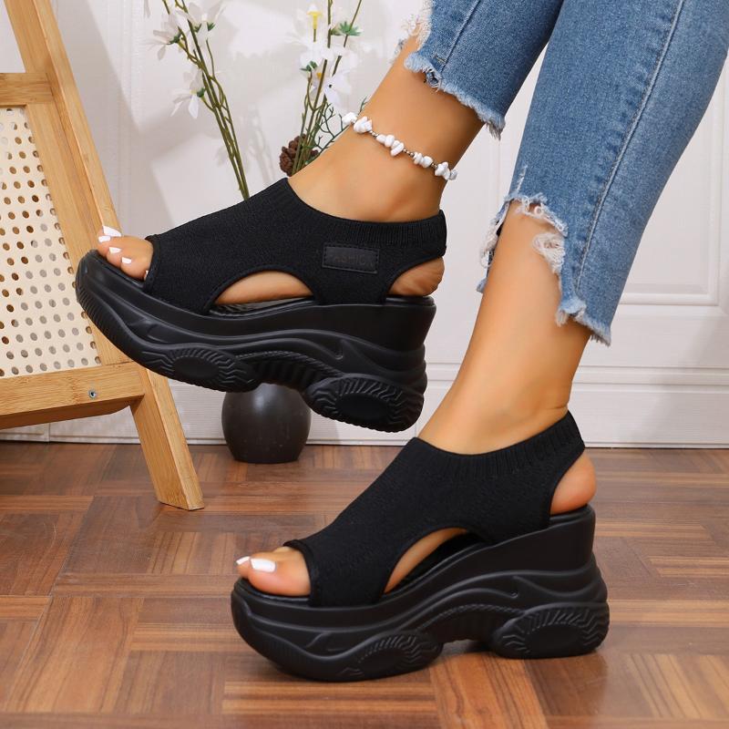 Summer New Knitted Shoes Fairy Fish-mouth Wind Cake Sole High Heels Flying Weave Slope Heel Thick Sole Sports Women's Sandals