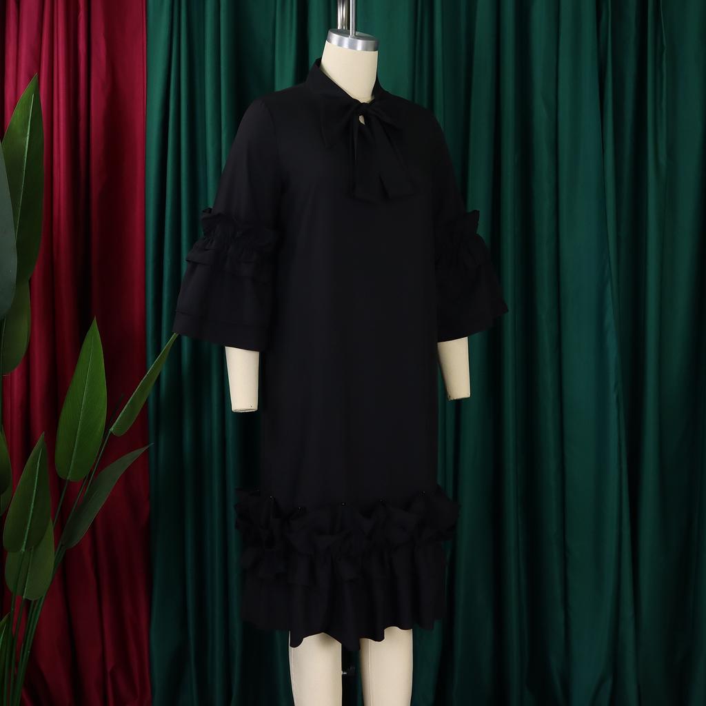 Elegant Office Dresses Women Bow Collar Ruffles Sleeve Straight Mid Calf Fashion Formal Female Business Work Wear Dress Midi Hot