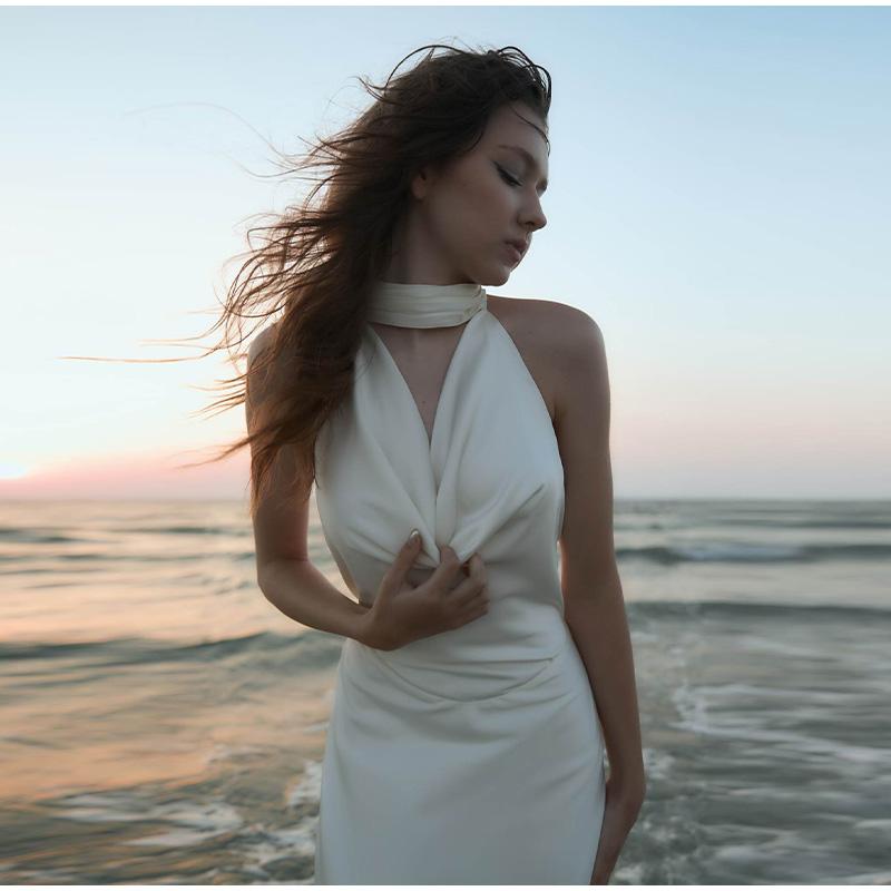 Women's Satin Sexy V-neck Temperament Halter Dress Summer New Slim Long Skirt Halter