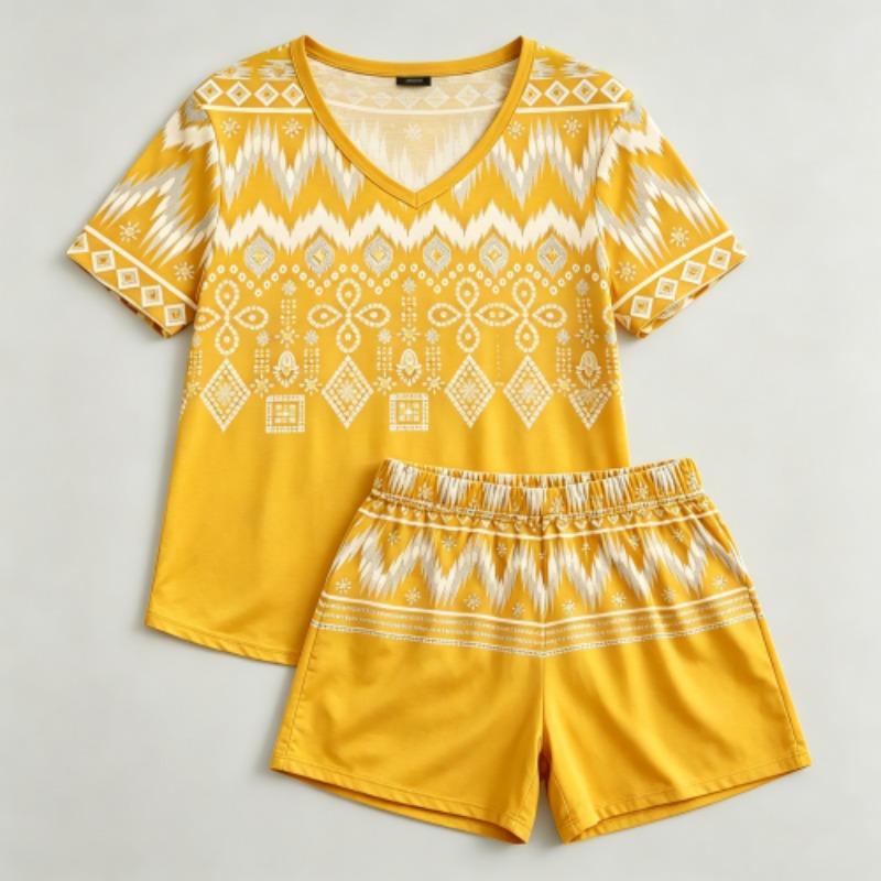 Summer Geometric Wavy Lines Pattern Printed V- Neck Short Sleeved T-Shirt And Shorts Set Women's and Men's T-shirt Shorts Set