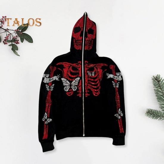Unisex Halloween Hoodie Rhinestone Ghost Skeleton Pattern Zipper Closure Hooded Pockets Long Sleeves Party Cosplay Costume Fall Winter Jacket