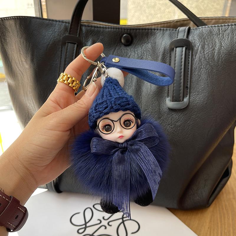 Cute Big Eyed Doll Pompom Keychain Real Fox Fur Bag Charm for Women Bag Key Ring Fine Jewelry Accessories Kids Girl Gift