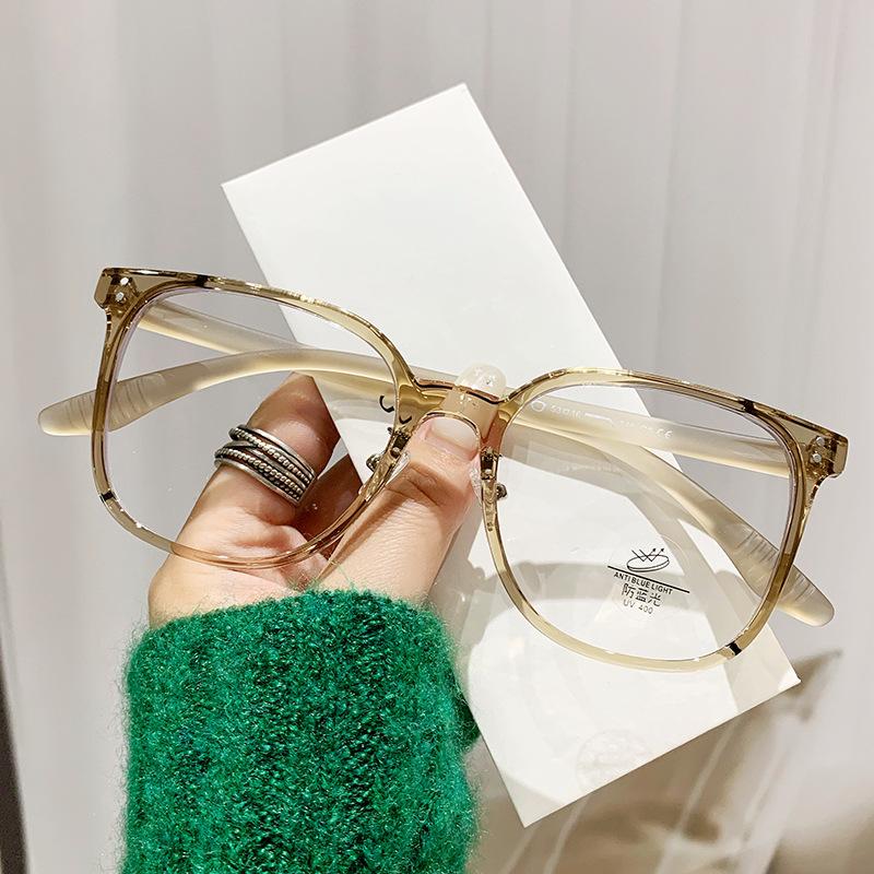 Hanfeng Tr90 Large Frame Anti-Blue Glasses Frame, Men'S And Women'S Plain Square Frame Retro Flat Glasses 1123T
