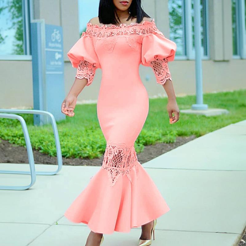 Women Off Shoulder Lantern Sleeve Solid Color Mermaid Long Bodycon Dress