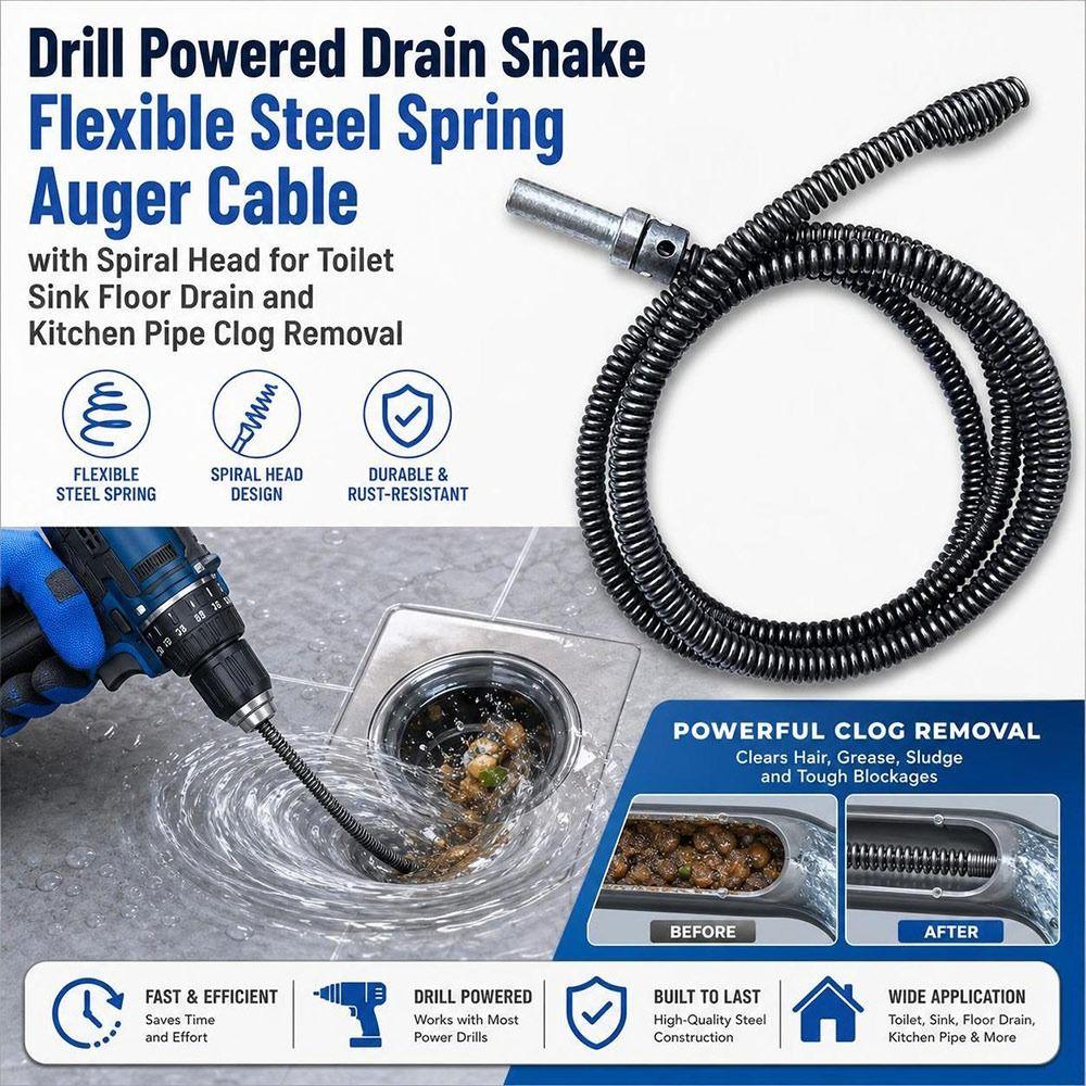Steel Plumbing Snake Drill Powered Pipe Cleaning Cable New Drain Snake Kitchen Pipe Cleaning