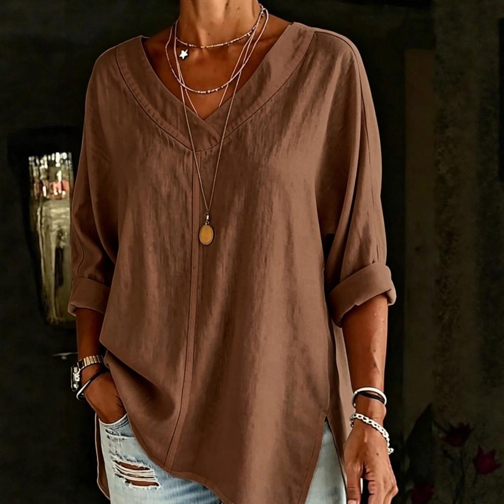 2026 Amazon European and American Cross-border Women's Clothing Street Fashion Solid Color V-neck Loose Top Long Sleeve Cotton and Linen Shirt