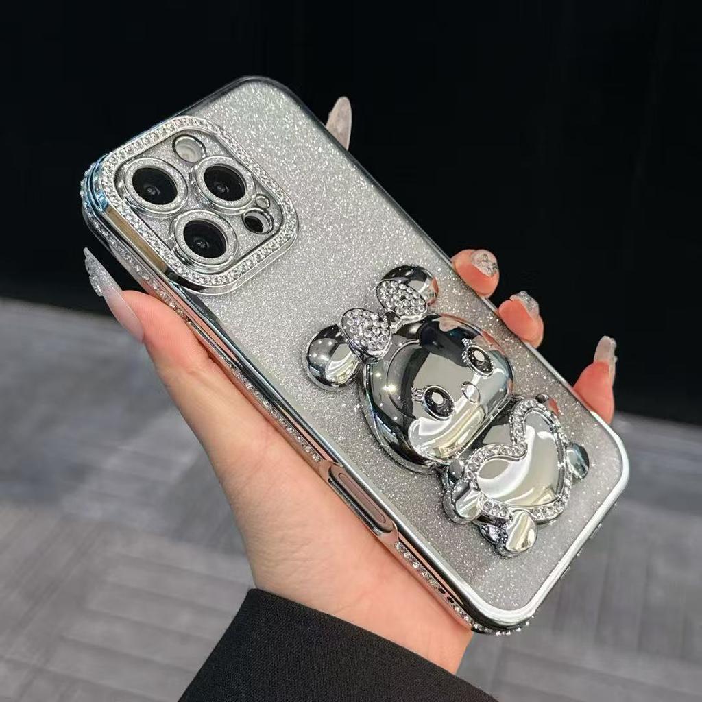 Applicable To IPhone16 ProMax Rhinestone Gradient Mobile Case Diamond Rabbit Stand Apple 15 Flash Powder Anti-fall Cover 14