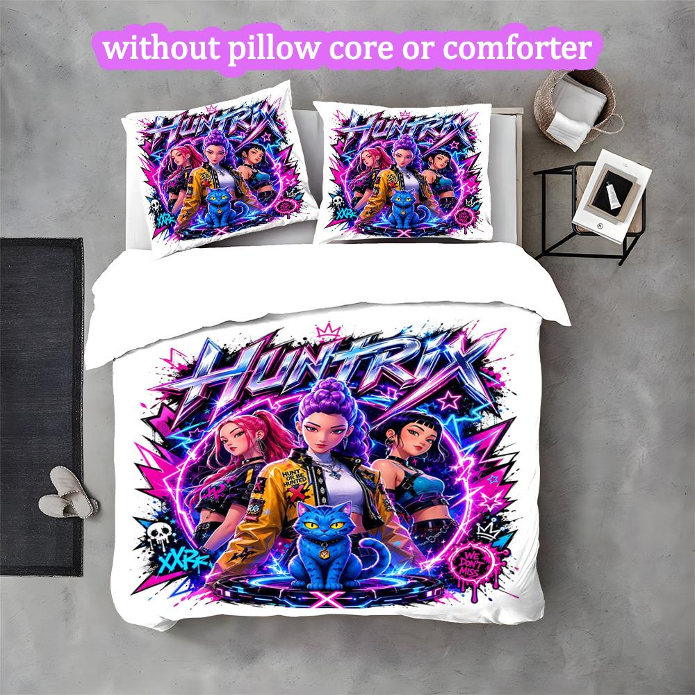 3pcs K-pop Hunter Pattern Duvet Cover and Pillowcases, Home Textiles Skin-friendly Machine Washable, Unique Birthday Gift