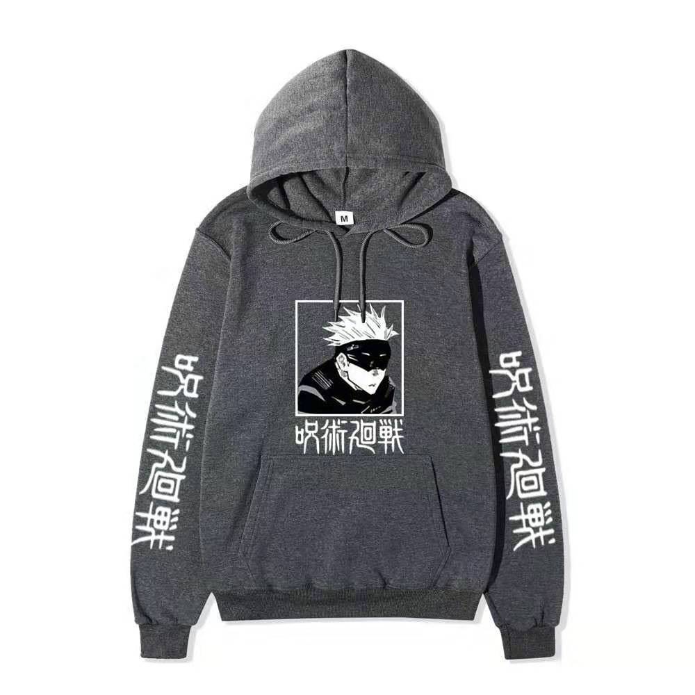 Men Women Fleece Hoodie Gojo Manga Art Two Sleeve Vertical Japanese Characters Casual Anime Hooded Sweatshirt