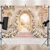 7x5ft Floral Garden Wedding Backdrop for Photography, European Arch Pink Rose Palace Background, Romantic Spring Flower