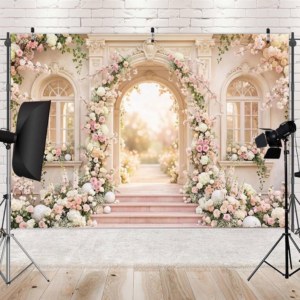 7x5ft Floral Garden Wedding Backdrop for Photography, European Arch Pink Rose Palace Background, Romantic Spring Flower
