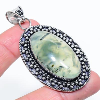 Natürlicher Prehnit Edelstein Handgefertigt 925 Sterling Silber Anhänger 2,64" T0G52