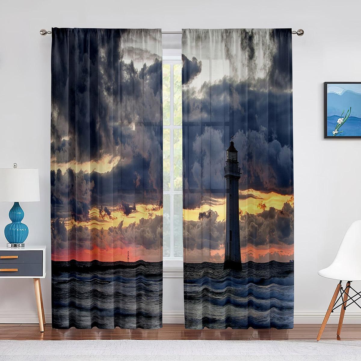 Маяк Восход Морского Побережья Пейзаж Прозрачная Вуаль Шторы для Гостиной Спальня Кухня — фото 10
