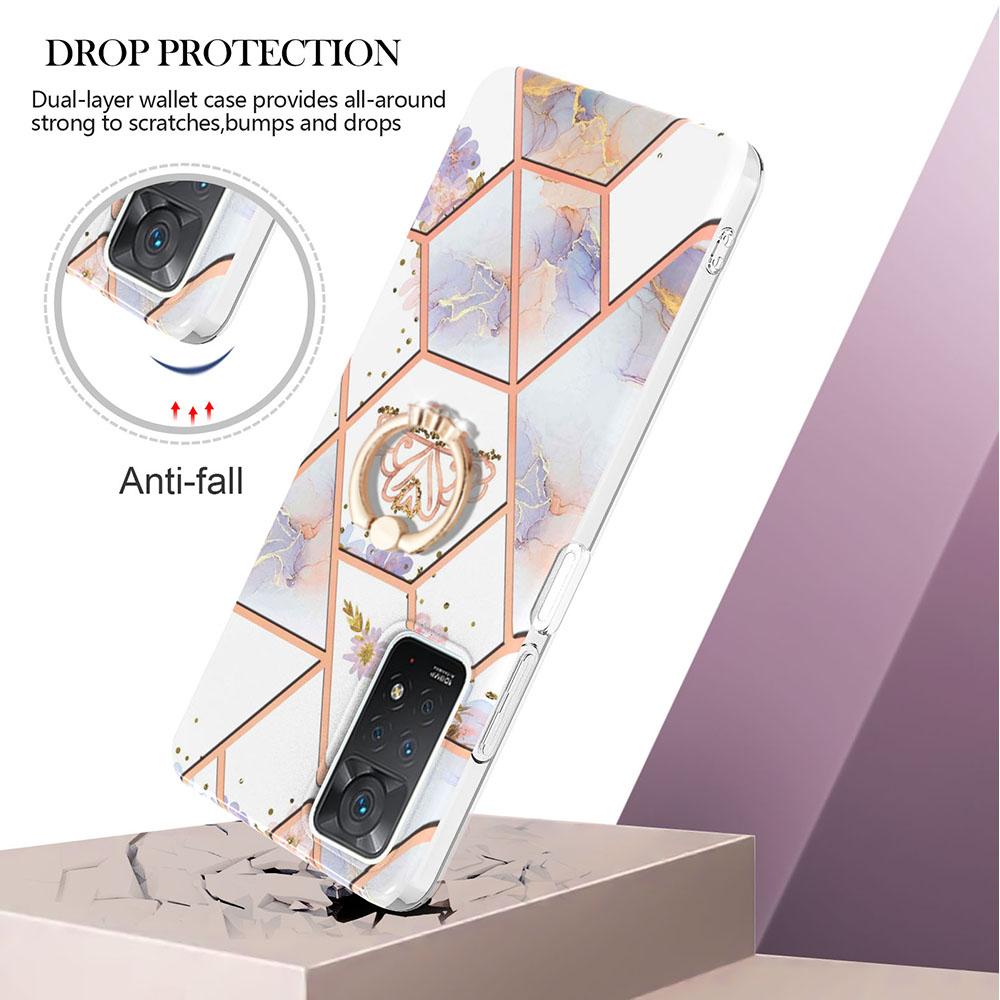 Ring Bracket Golden Border Grid Marble Flower IMD Ultrathin Phone Case for Xiaomi Redmi Note 11S,Note 12 Pro 4G,Xiaomi 11T,Redmi 10,Poco X3 NFC...