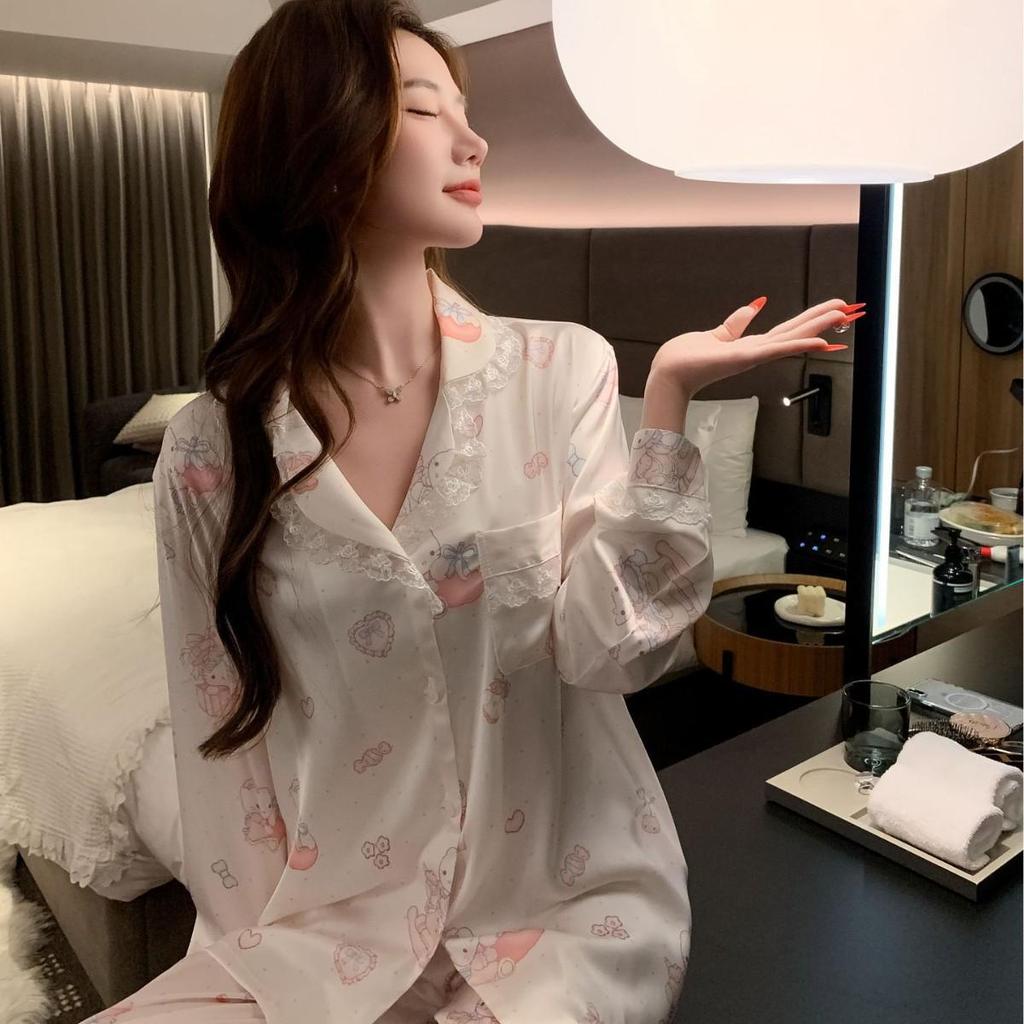 KT Cartoon Print Women's Ice Silk Pajamas - Cute Long Sleeve Spring Set for Comfortable Homewear