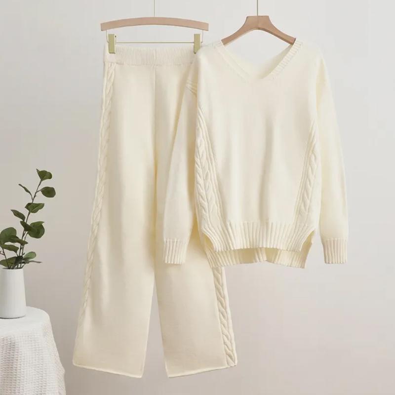 

Women Suits Sets CottonV-neck Knit Sweater Solid-Color Pants Thickened Sweater Top Longs Pants Two-piece Oversize 2PC Suit XXL бежевый