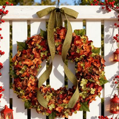Künstlicher Herbstkranz für die Haustür Rustikaler Hortensien-Blumenkranz mit Schleife für Erntedank Ernte Herbst Innen- und Außendekoration
