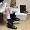 Autumn Vintage Pleated Women Western Ankle Boots Fashion Belt Buckle Thick Heel Shoes Ladies Elegant Party Dress Short Booties